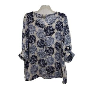 JM Collection Blue White Geo Print Button Linen Top Coastal Womens Size 22W